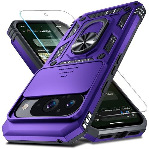 Janmitta Case Compatible with Google Pixel 10/10 Pro Built in Slide Camera Lens Cover+Screen Protector+Finger Ring Holder Kickstand,Heavy Duty Shockproof Full Body Protective Phone Cover,Purple