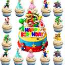 3 x 25Pcs Mario Cake Decorations with 24pcs Cupcake Toppers, 1pcs Happy Birthday Cake Topper, Super Bros Party Supplies, Perfect for Birthday Party Decorations