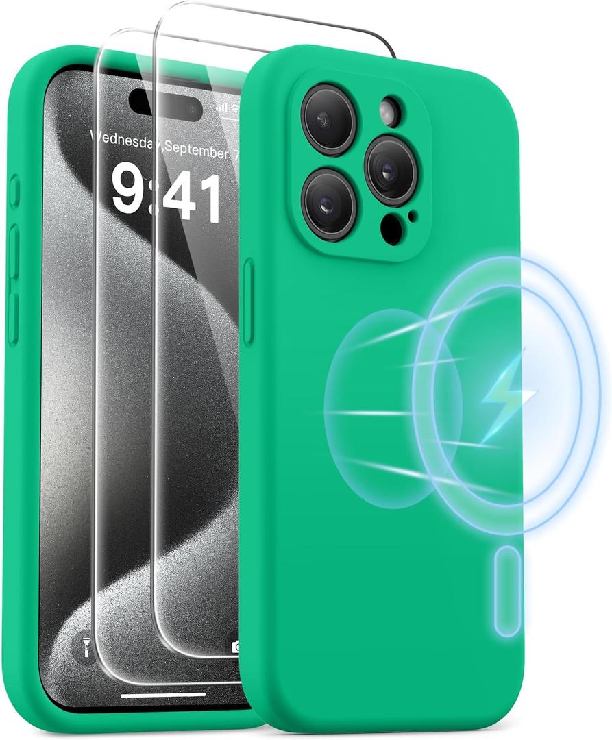 AOTESIER Magnetic for iPhone 15 Pro Case, [Compatible with Magsafe] [Food Grade Silicone] Upgraded Camera & Screen Protection Phone Case with [2 Screen Protectors], 6.1 inch, Emerald Green