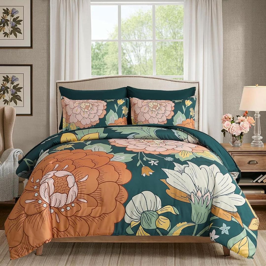 DJY 7 Pieces Green Floral Comforter Set Bed in a Bag Queen, Boho Botanical Comforters Sets with Sheets Set, Soft Microfiber Farmhouse Bedding Set for All Season(90''x90'')