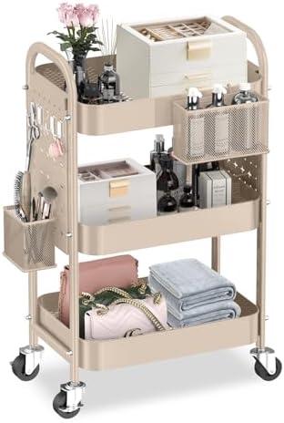 ALVOROG 3 Tier Rolling Cart with DIY Pegboards Metal Utility Cart with Wheels Handles Baskets Hooks, Craft Cart for Office Kitchen Bathroom(Khaki)
