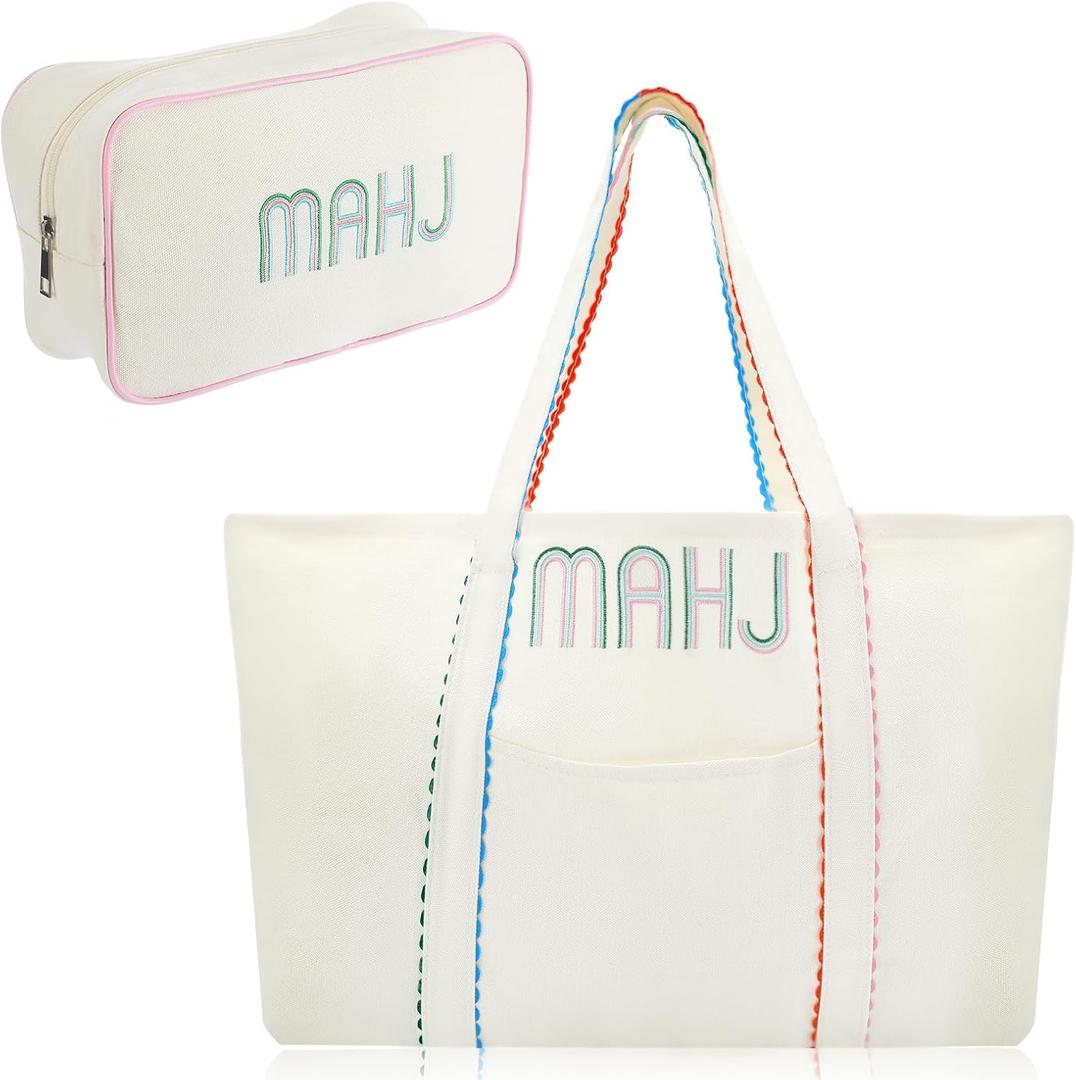 Sadnyy 2 Pcs Mahjong Canvas Tote Bags Set Embroidered Mahjong Tote American Mah Jong Tile Bag with Zipper Carrying All for Women Mah Jong Lover Gift Game Party Overnight Gathering, Case Only(Pastel)