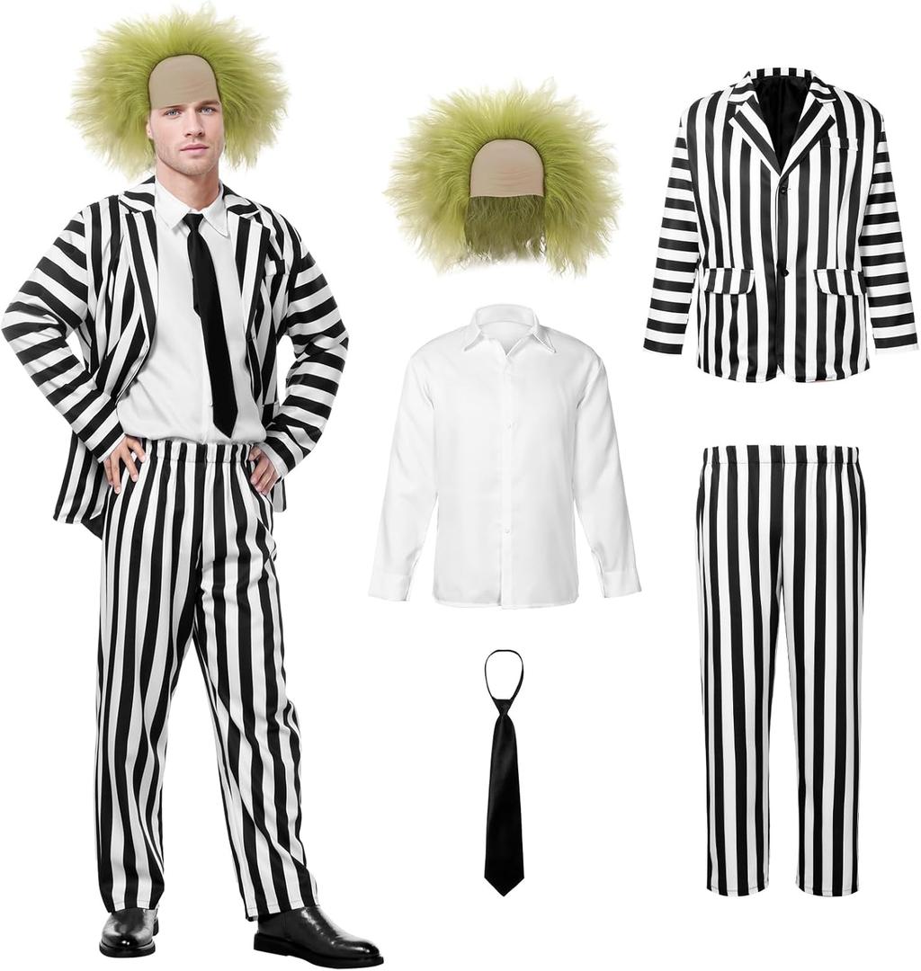 Black White Striped Set, Beatle Juice Cosplay Blazer with Wig Pants Tie, Halloween Costumes for Adults (Medium, Men)