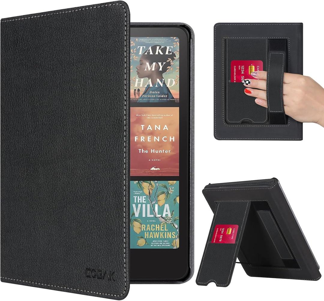 CoBak Case with Stand for Kindle Paperwhite 12th Gen 2024 Released (7") & Kindle Colorsoft Signature Edition - Durable PU Leather Cover with Auto Sleep Wake, Card Slot, Hand Strap Feature, Black