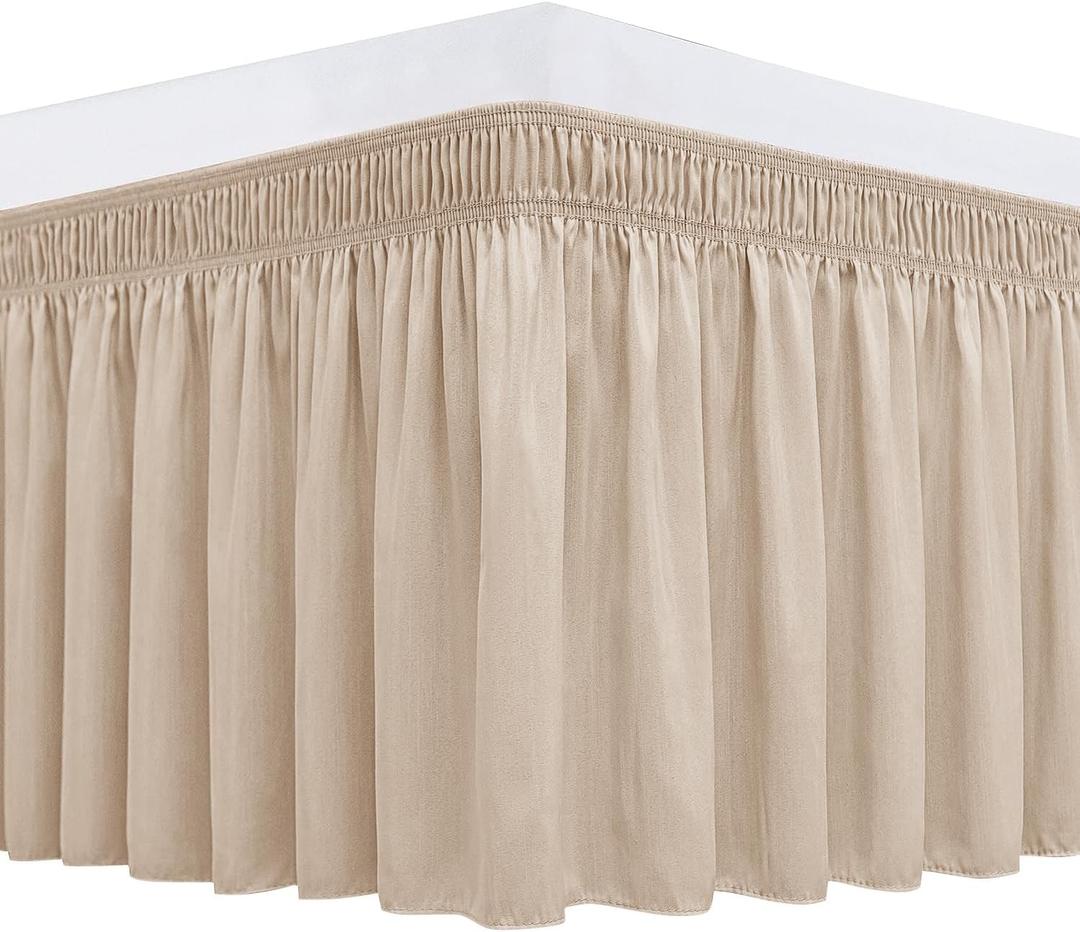 Biscaynebay Wrap Around Bed Skirts for Queen Beds 16" Drop, Sand Adjustable Elastic Dust Ruffles Easy Fit Wrinkle Resistant Silky Luxurious Fabric Machine Washable