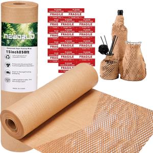 2 x Neworld Honeycomb Packing Paper,Eco Friendly Bubble Cushioning Wrap for Moving,Products & Gifts Wrapping Paper,Recyclable Cushioning Packing Material (15" x 50') With 20 Fragile Sticker Labels