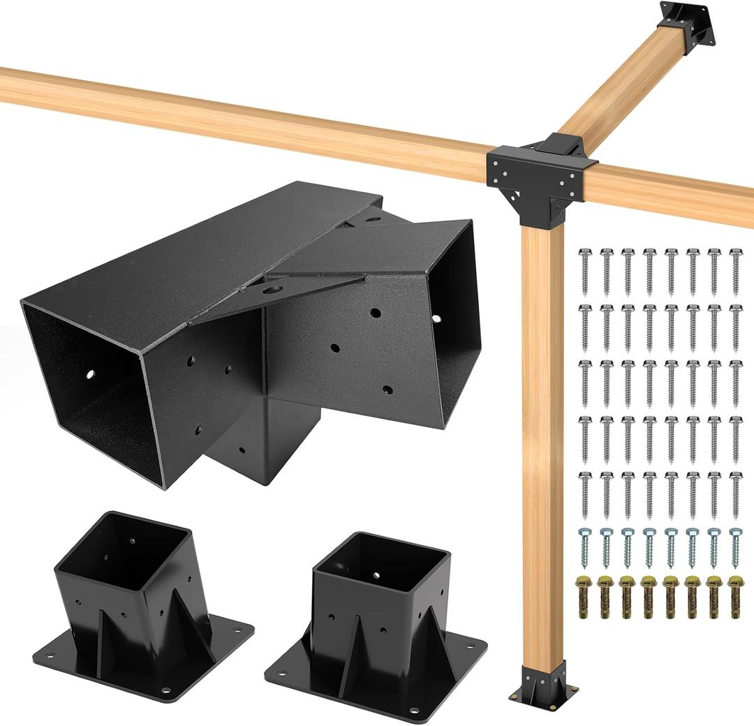 15 Lean Pergola Kit 4x4(Inner 3.64x3.64), 4-Way Slanted Pergola Roof Bracket, Post Base-Angled 4x4 Wood Post Bracket-DIY Gazebo Brackets-Hardware Kit for Outdoor Wood Beam Post Sunroom Carport Cabin