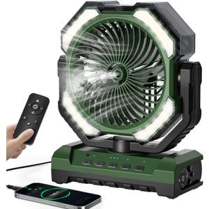 20000mAh Portable Misting Fan, USB Rechargeable Camping Fan with LED Light, Personal Battery Operated for Outdoor, Tents, Beach, Travel - 250mL Water Tank & Hook Included, Green.