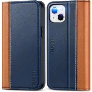 TUCCH Case for iPhone 13 Wallet Case 5G, [Card Holder] Slots Folio PU Leather Cover, Kickstand Flip Case with [TPU Shockproof Interior Case] Compatible with iPhone 13 6.1-inch 2021, Brown & Dark Blue