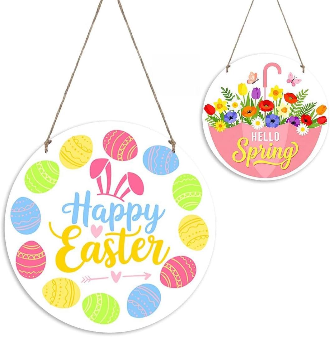 Reversible Easter Door Hanger,Spring Door Hanger,Happy Easter Sign,Spring Welcome Sign,Floral Peeps Egg Decorations Wooden Wall Decor for Home Office Living Room