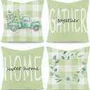 WATINC 4Pcs Spring Summer Pillow Covers Eucalyptus Leaves Garland Truck Cushion Cases Linen Cloth Sweet Home Together Gather Plaid Pillowcase Decoration Farmhouse for Sofa Home Car Couch 18 x 18 Inch