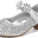 DREAM PAIRS Girls Mary Jane Dress Shoes Pumps Low Heels Flower Party Wedding Princess (11 Little Kid, Silver-glitter)