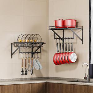2 Packs Wall Mounted Hanging Pots and Pans Organizer Rack with 12 Hooks,For Storage Pans,Pot Lids, Cooking Utensils, Plants and Toiletries in the Kitchen,Balcony or Bathroom