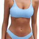 Fanuerg Women's Ribbed Bikini Sets Scoop Neck Cheeky Swimsuit Textured Two Piece Bathing Suit (Large, Light Blue)