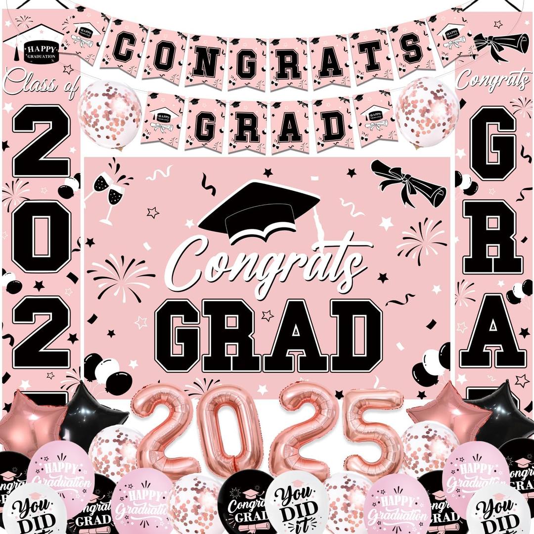 Graduation Decorations Class of 2025, Black Pink Graduation Party Decorations Set Includes Congrats Grad Backdrop Banner, 2025 Foil Balloons and Latex Balloons, Graduation Party Supplies
