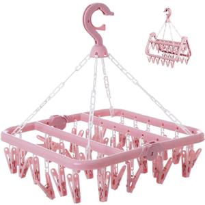 Clothes Drying Rack with 32 Clips, Foldable Hanging Rack, 360 Rotatable Hook for Drying Socks Baby Clothes Towels Gloves(Light Pink)