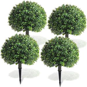 Yunlly 4 Pack 18" Artificial Boxwood Ball Bush Topiary Trees Fake Outdoor Plants, Realistic UV Resistance Faux Shrubs with Spike Greenery Topiary for Front Porch Garden Yard Patio Indoor (Green)