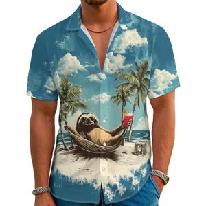 Mens Funny Neon Hawaiian Shirts 3D Graphic Button Down Short Sleeve Shirt Summer Beach Aloha Tops Theme Party (3X-Large, Sloth)