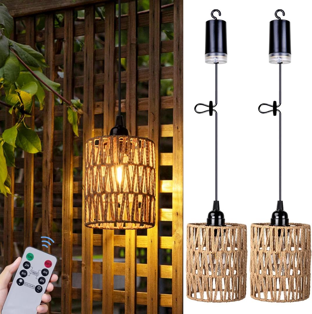 Battery Operated Chandelier, Battery Hanging Pendant Light, Rattan Lights with Warm White Bulb, 4*AA Battery Powered, for Gazebo Pergola Porch Patio Outdoor Indoor Decor (2)