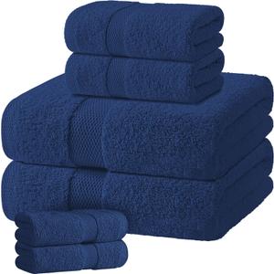 Navy Bath Towel Set of 6 - 100% Cotton Highly Absorbent Towels for Bathroom, 2 Luxury Bath Towels 650GSM, 2 Hand Towels, 2 Washcloths
