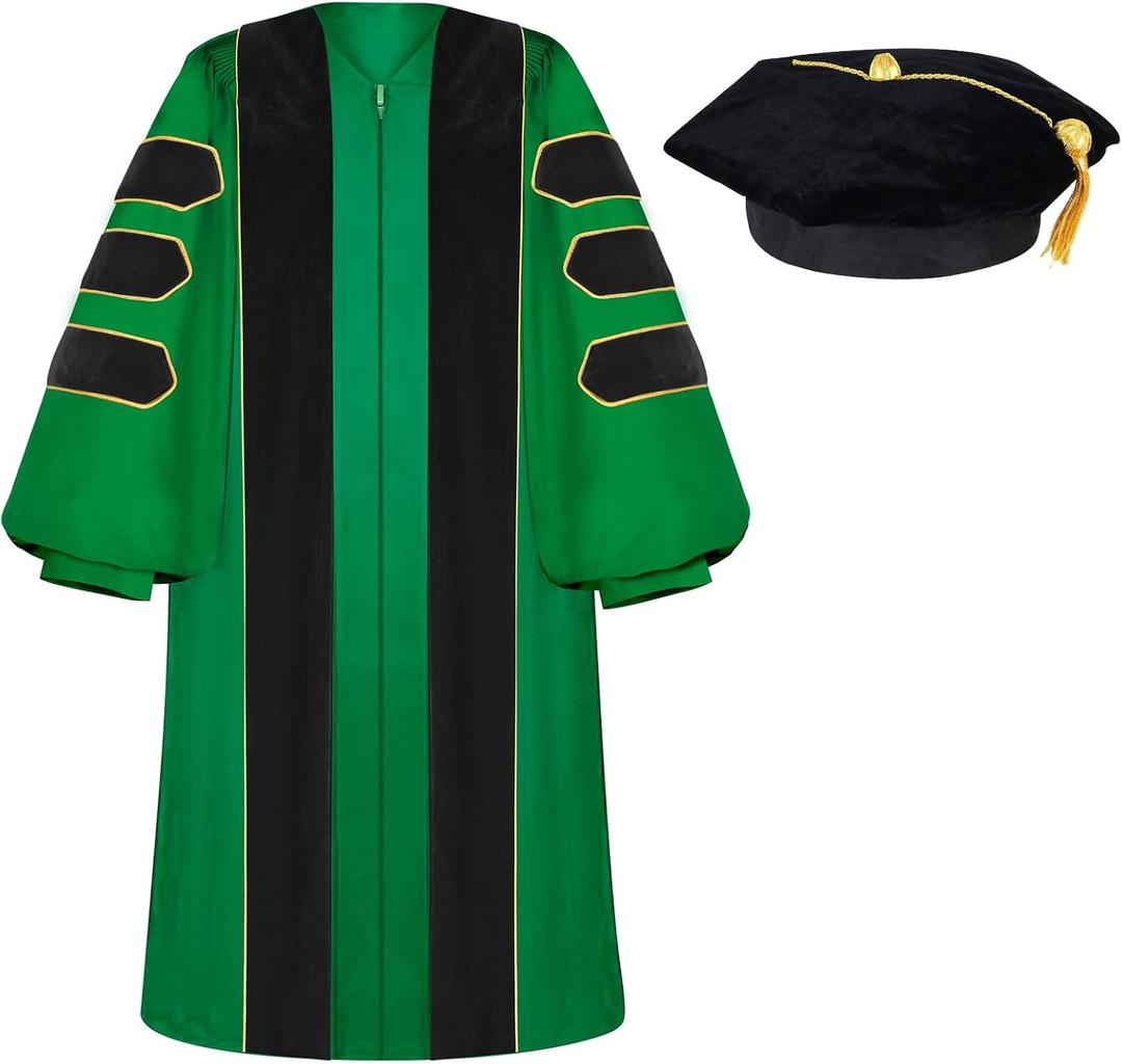 Unisex Deluxe Doctoral Graduation Gown with 8 Sides Doctorate Tam | Gold Piping Doctoral Regalia for Graduation Ceremony Emerald Green-54 (Green)