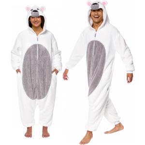 Funziez! Sherpa Bear Adult Onesie - Animal Halloween Costume - Plush Teddy One Piece Cosplay Suit for Adults, Women and Men (Medium, White)