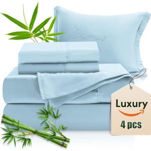 Bamboo Sheets King Sheets Set, 100% Organic Viscose Derived from Bamboo Bed Sheet Set, Luxuriously Soft & Cooling,4 Pcs Bed Set with Deep Pockets,Wrinkle Free, Double Stitched Seams (Sky Blue )