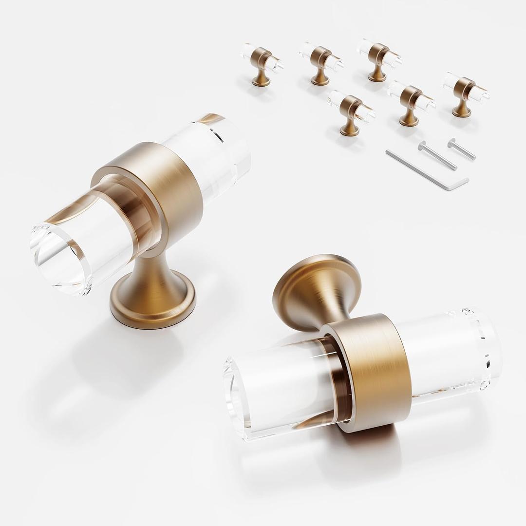 2 inch Cabinet Handles Kitchen Cabinets Drawer 6 Pack, Champagne Bronze T Knobs Crystal Pulls Solid Base Closet Dresser Drawers Hardware Handles Bathroom Bedroom Pull Single Hole Glass Clear Knob