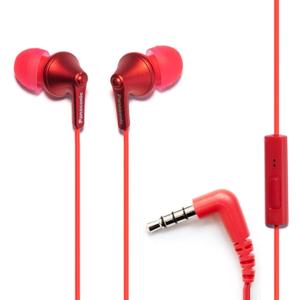 Panasonic ErgoFit Wired Earbuds with Microphone, 3.5mm Jack Headphones with Mic and Call Controller, Ergonomic Custom-Fit Earpieces (S/M/L), for Phones and Laptops - RP-TCM125-R (Red)