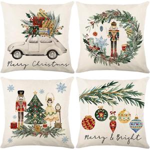 Hofomca Christmas Throw Pillow Covers 18x18 Set of 4, Merry Christmas Tree Vintage Car Nutcracker Bauble Wreath Beige Xmas Winter Holiday Decorative Pillowcase Farmhouse Home Decor for Sofa Couch
