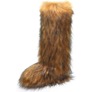 YXCFEWD Faux Fur Boots for Women Winter Knee High Furry Boots Fuzzy Fluffy for Girls Flat Snow Long Boots (Brown)