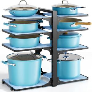 LAMU Pots and Pans Organizer under Cabinet, 8-Tier Heavy Duty Pan Organizers inside Cabinet, Adjustable Pot Rack for Small Kitchen Storage, 15" Height Holds Cast Iron Pans and Skillets Black