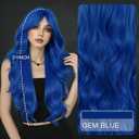 7JHH WIGS Blue Long Water Body Wavy Wigs with Curtain Bangs 31in Natural Heat Resistant Synthetic Fiber Midlle Part Women Long Curly Blue Wigs for Chrismas Daily Party Daily Used