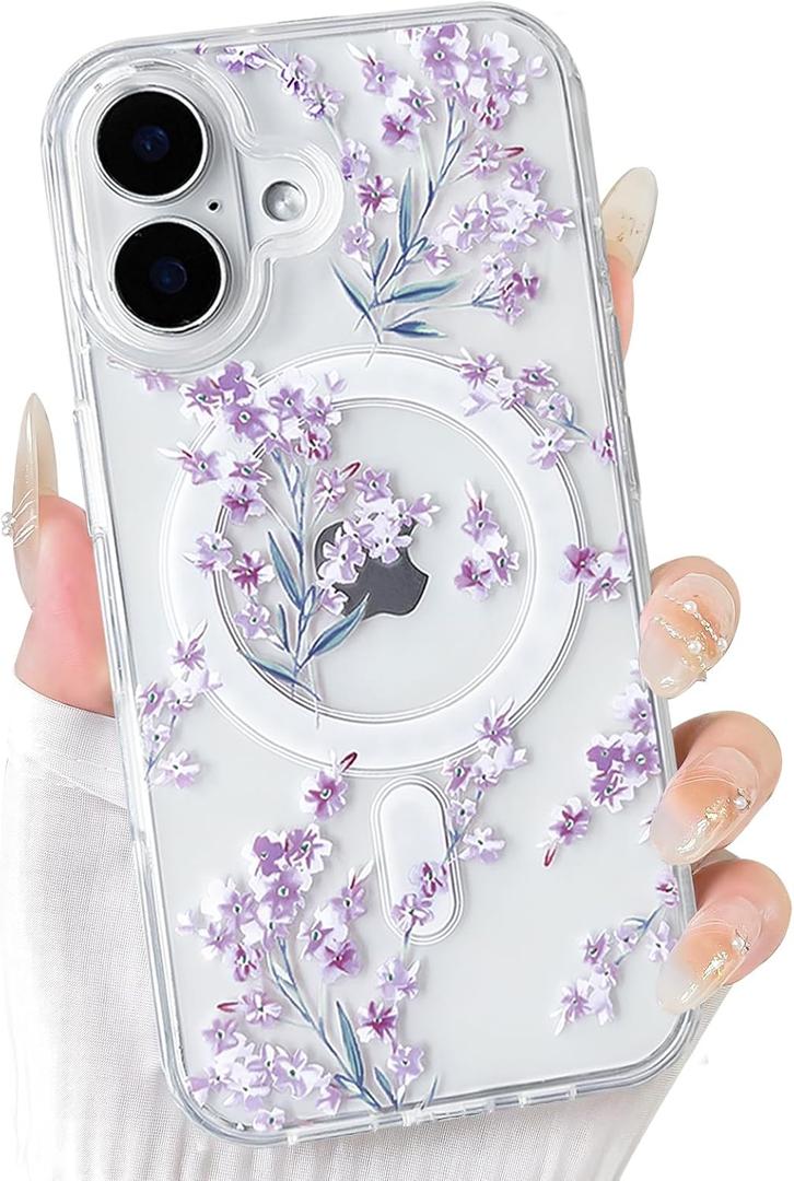 NITITOP Compatible with iPhone 16 Case Clear Magnetic Compatible with MagSafe Cute Flowers Floral Leaves for Women Girls Hard PC Back Shockproof Protective Phone Cover - Purple