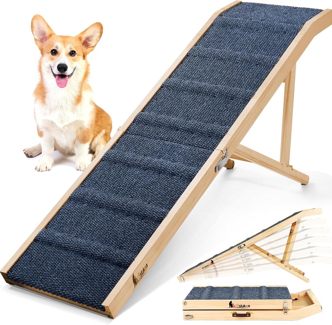 Dog Ramp for Bed, 64" Long Foldable Pet Ramp for Small Large Dogs, Dog Ramps for High Beds Car, High Traction with Platform 6 Adjustable Heights 24" to 30" Up to 220LBS, Wood (64"X 17inch)