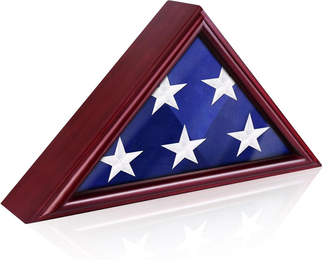 Flag Display Case for Small Flag, 3' x 5' American Flag Shadow Box with HD Tempered Glass and Wall Mount (Not for Burial Flag), Triangle Flag Holder Frame for Folded Flag - Mahogany