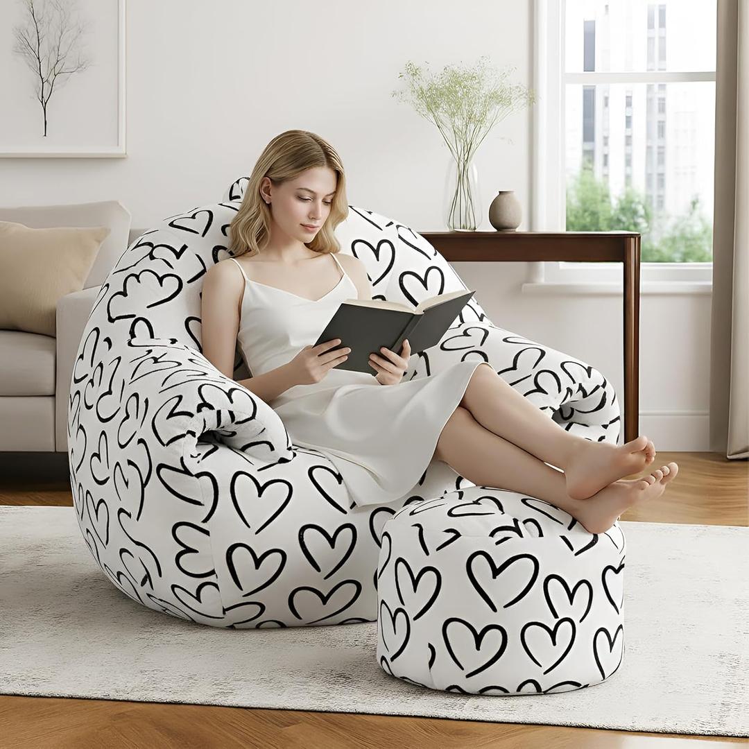 DAICO Bean Bag Chairs for Adults Giant Bean Bag Chair with Ottoman Plush Beanbag Sofa with Armrests Comfy Accent Chair Single Lazy Sofa with Foam for Living Room Reading Bedroom - Cordate Pattern