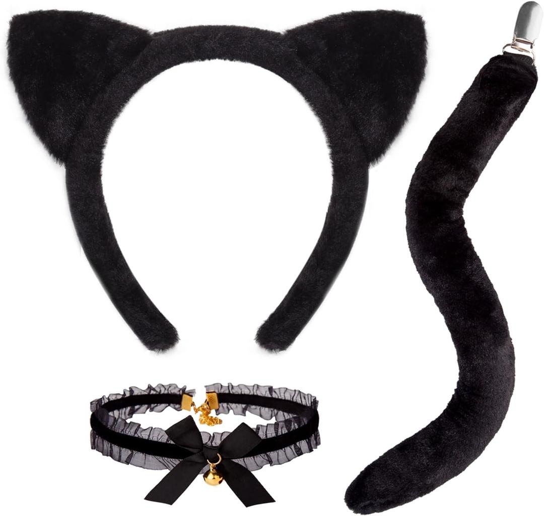 JIALWEN Black Cat Costumes Set Cat Ears Headband with Tail  Halloween Party Cosplay Dress Up Accessories for Adults Women Girls