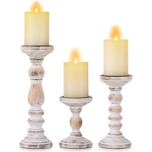 Candle Holder for Pillar Candles: Romadedi Set of 3 Decorative Wood Candlestick Holders, Rustic Wooden Candle Stand for Fireplace Mantle End Table Shelf in Farmhouse Style, Whitewashed 6, 8.3, 12