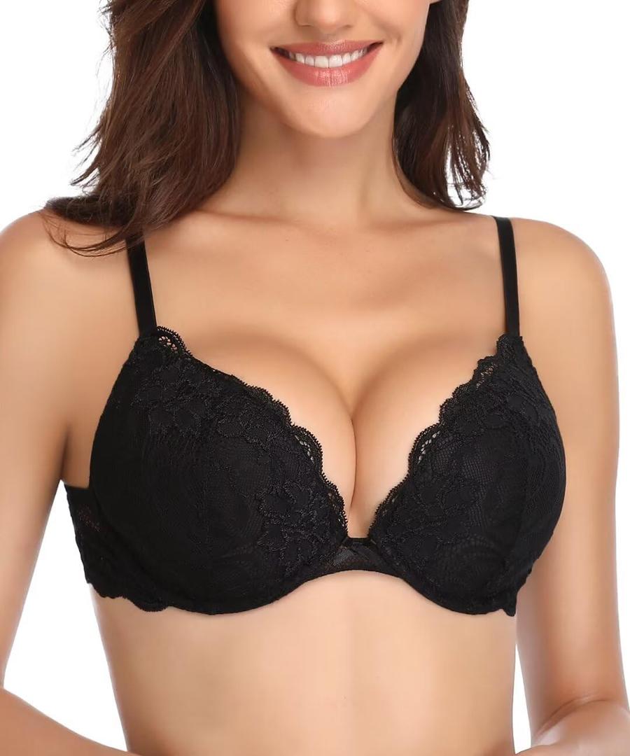Deyllo Womens Push Up Lace Bra Comfort Padded Underwire Bra Lift Up Add One Cup (40DD, Black)