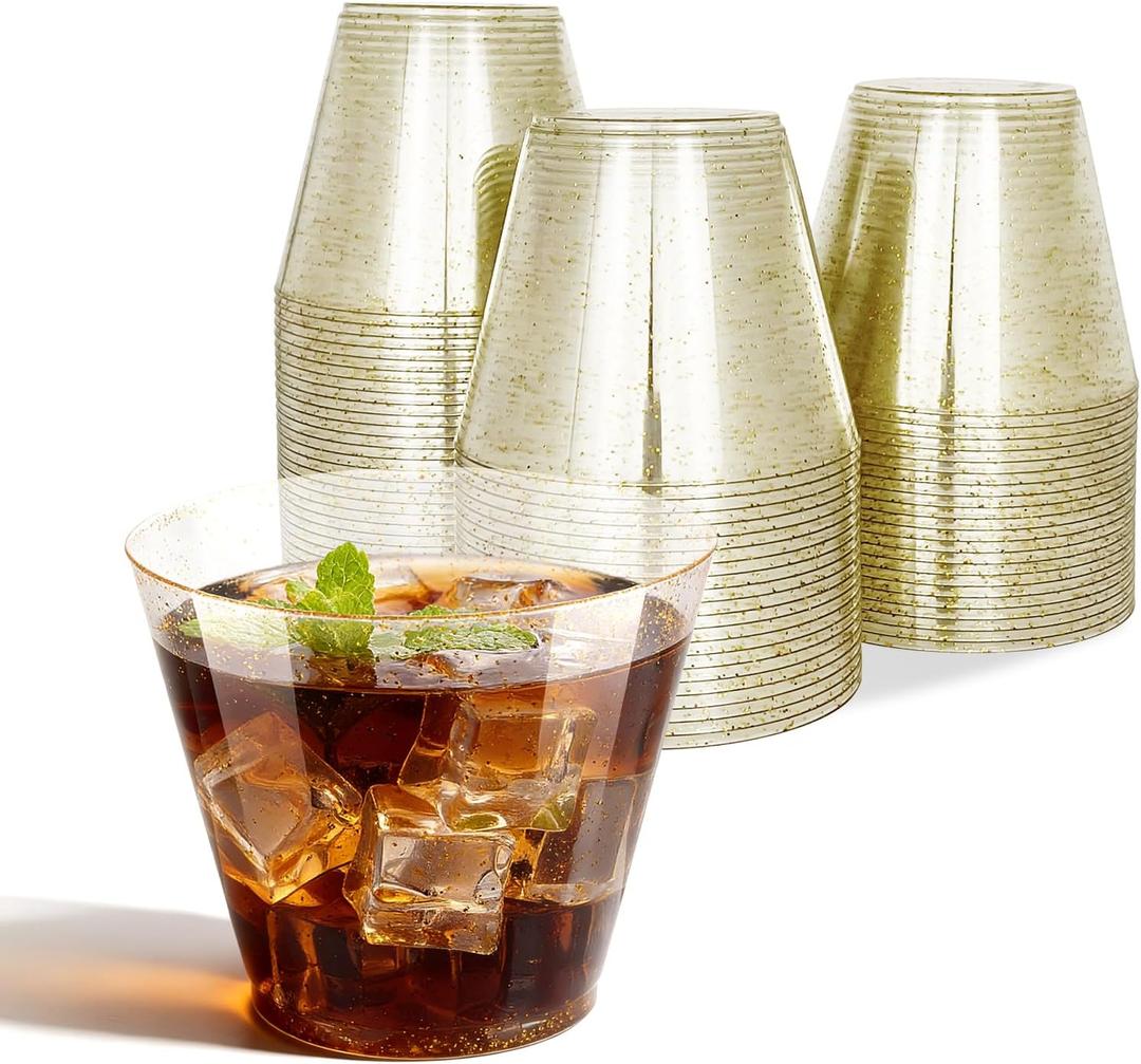 Plastic Cups for Party 100PCS, 9 OZ Disposable Wine Glasses, Gold Disposable Cups for Wedding, Plastic Cocktail Glasses for Dinners, Everyday Breakfast, Lunch & Dinner