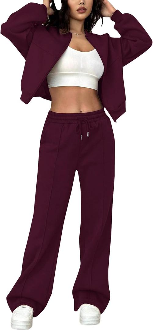 LovelyWholesale Women Sweatsuits 2 Piece Set Zip Up Sweatshirt and Wild Leg Sweatpants Set (Medium, Burgundy)