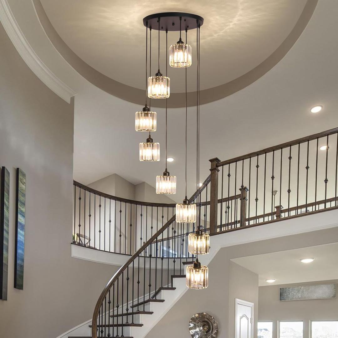 High Ceilings Long Chandeliers Modern Crystal Long Pendant Light,Long Raindrop Hanging Chandeliers,Hanging Flush Mount Chandelier Ceiling Light for Staircase Foyer Entryway 8 Lights