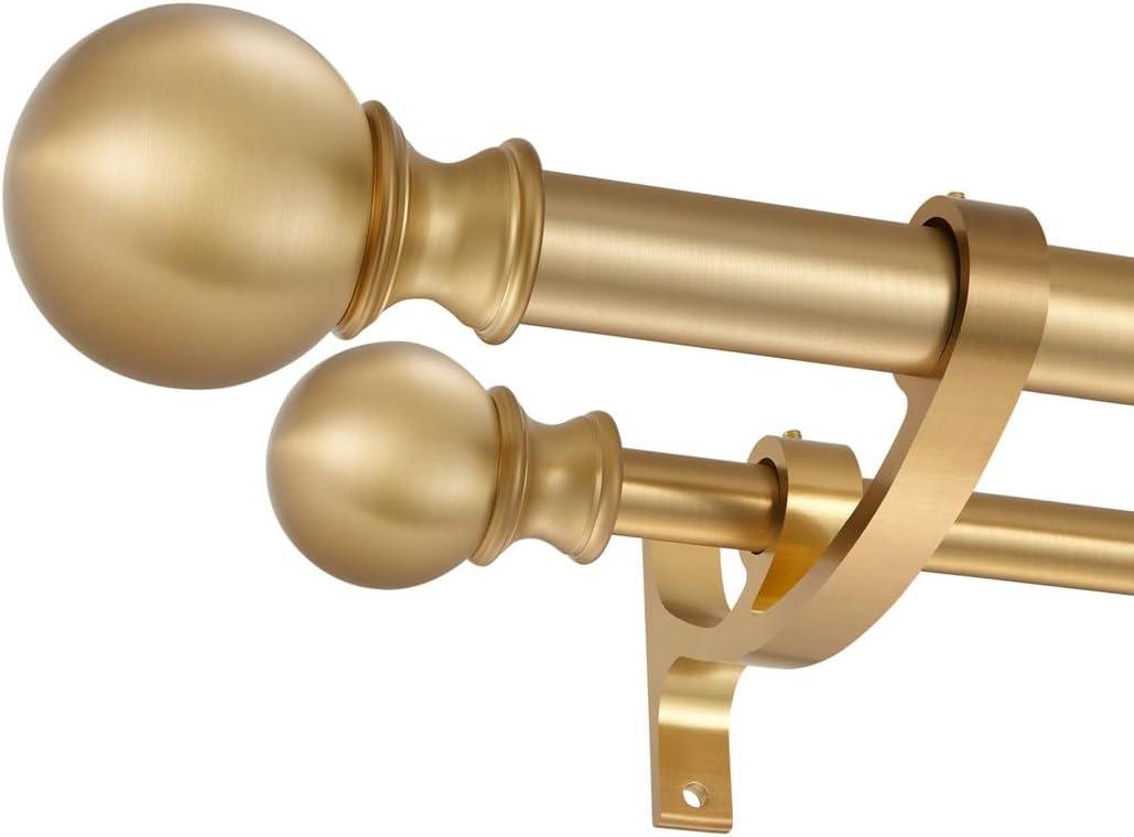 Double Curtain Rods Warm Gold, Double Rod Curtain for Window 28-48 Inches, Adjustable Double Drapery Rod with Round Finials, 1-Inch Front and 5/8 Inch Back Double Rod Curtain Rods Warm Gold