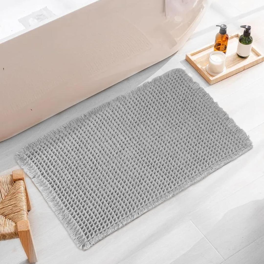 Upgraded Waffle Bath Mat 17" X 24", Super Absorbent Non Slip Bath Mats for Bathroom Floor, Machine Washable Bathroom Rugs with Tassels, Rubber Backed Bathroom Mats, Ultra Soft (Grey)