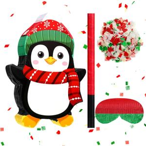 Christmas Penguin Piata 16 Inch Christmas Mexican Piata with Stick Blindfold and Confetti Pack Bundle for Xmas Birthday Holiday Game Favors Photo Prop Decoration