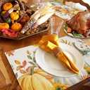 Fall Orange Pumpkins Placemats Set of 4 Watercolor Autumn Leaves Linen Texture Thanksgiving Washable Place Mats Non-Slip Heat Insulation Cotton Blend Table Mats for Kitchen Dining Party, 13"x19"