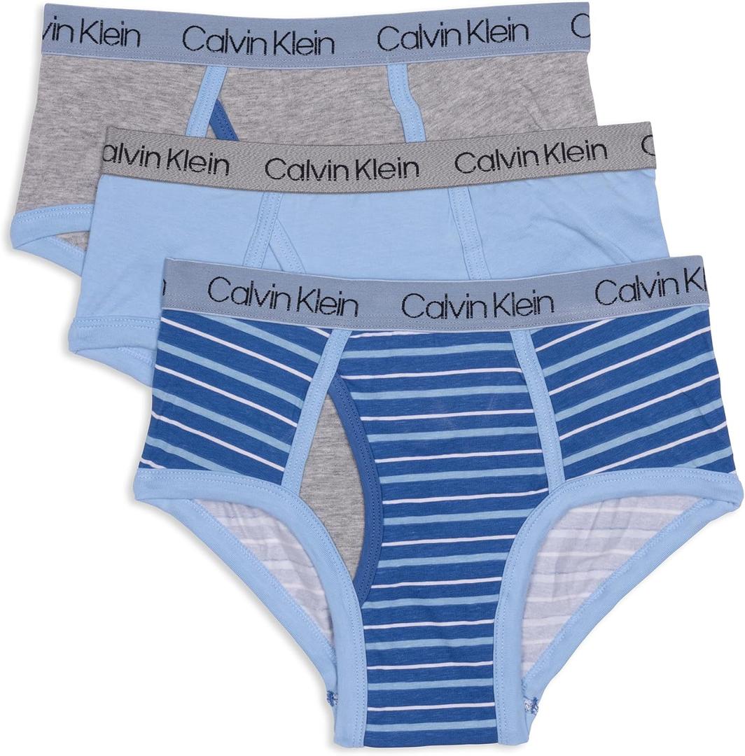 Calvin Klein Boys' Little Modern Cotton Assorted Briefs Underwear 3 Pack (Large, Blue and Grey Stripe, Blue Bell, Heather Grey)