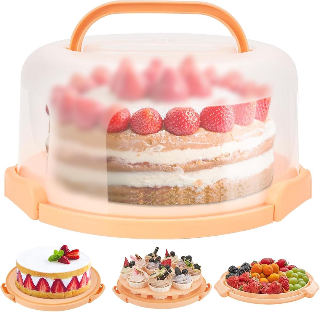 Cake Stand with Lid, Cake Carrier BPA-Free Cake Containers for 10 inch Cake with 2 Handles Cupcake Carrier - Plastic Cover Two Sided Base for Transport Pies Nuts Fruit Christmas Gifts (Peach)