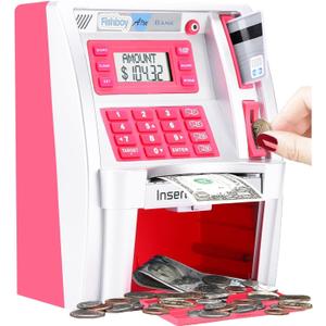 Fishboy Pink ATM Piggy Bank for Kids/Girls with Power-Off Memory, Debit Card for Real Money, Onekey Shutdown, Coin Recognition, Target Setting, Bill Feeder, Balance Calculator, Savings Machine (Silver/Rose)